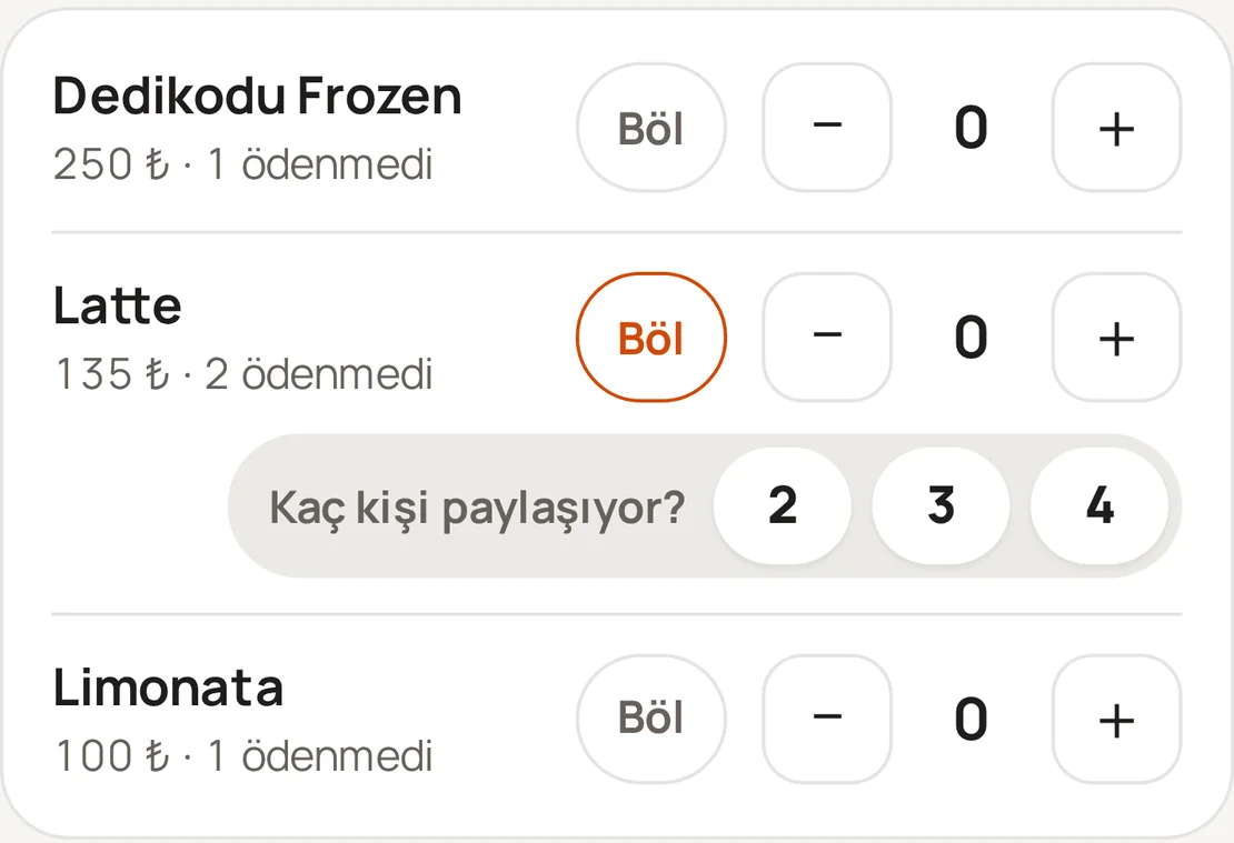 Hesap ekranında Böl düğmesi açık: Kaç kişi paylaşıyor? 2, 3, 4.