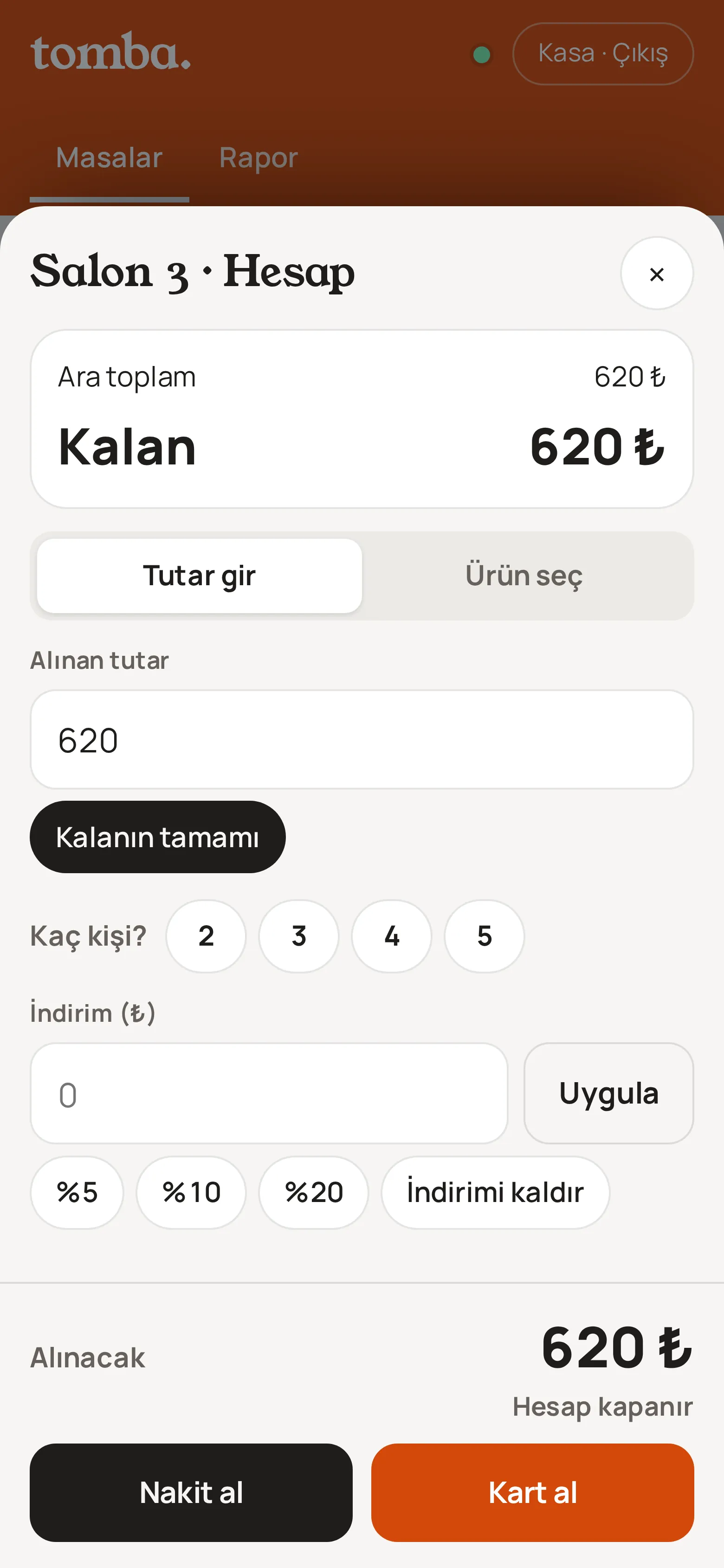 Kasanın hesap ekranı: ödeme ve bölme