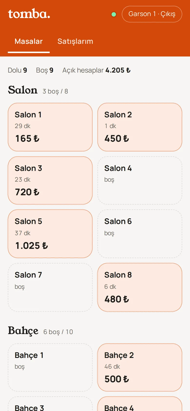 Garsonun masa ekranı: dolu masalar turuncu, her birinde süre ve tutar yazıyor.